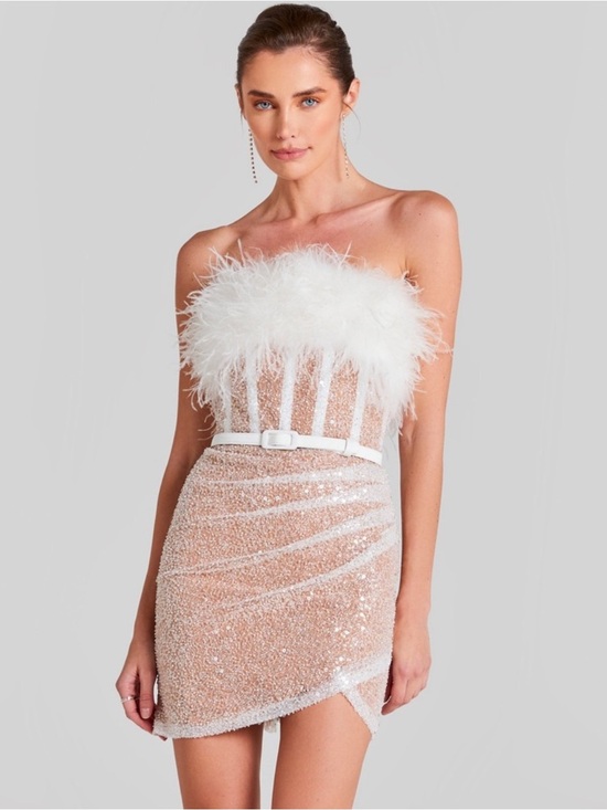 NADINE MERABI Dresses & Skirts - Nadine Merabi White Feather-Trim Strapless Sequin Mini Dress
